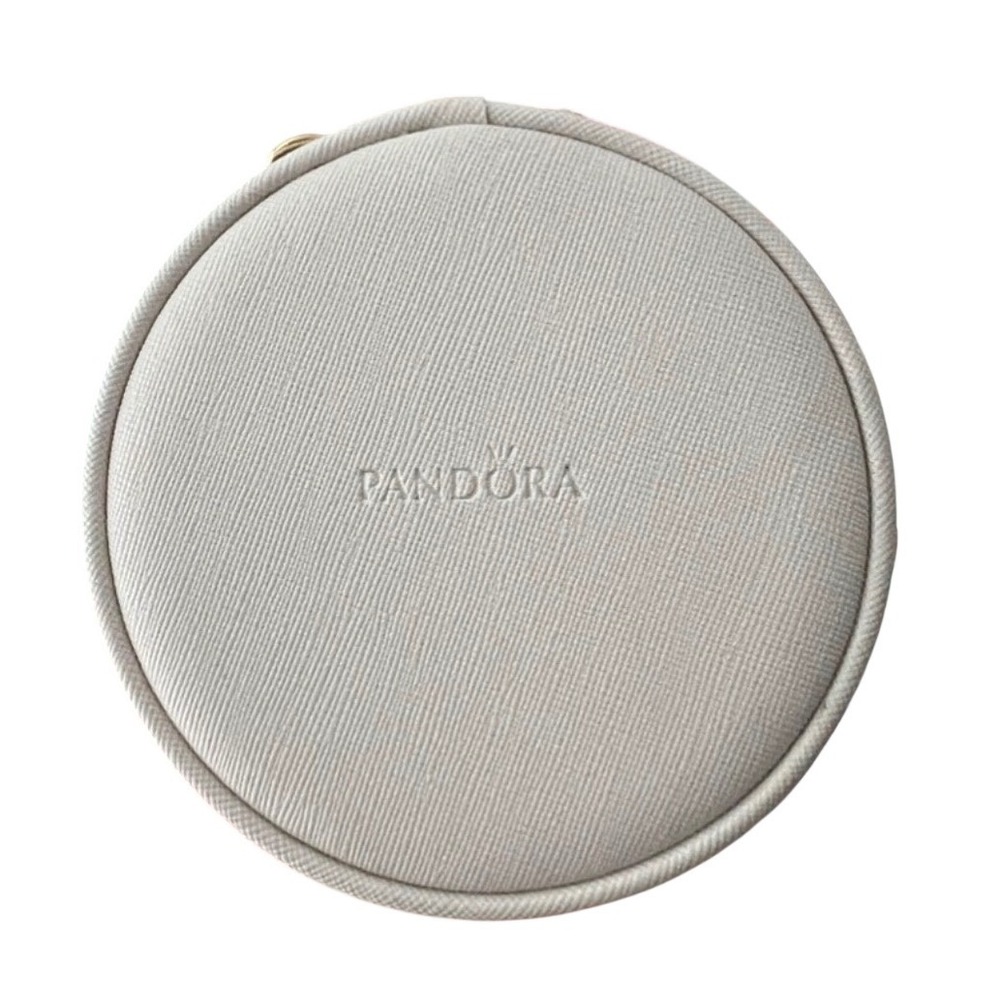Pandora‎ Small Round Travel Jewelry Case White Saffiano Gold Zip Organizer